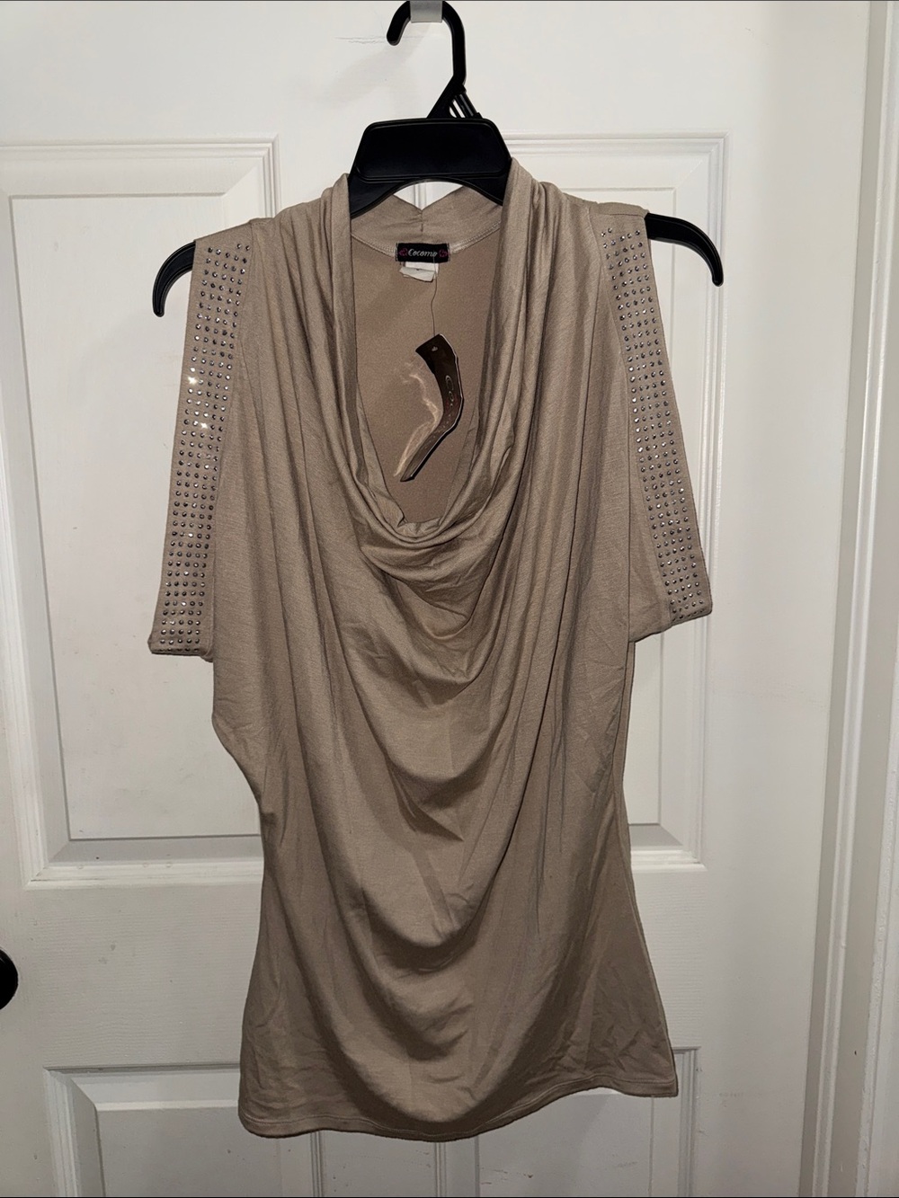 Cocomo Taupe Cowl-Neck Top with Studded Short Sleeves